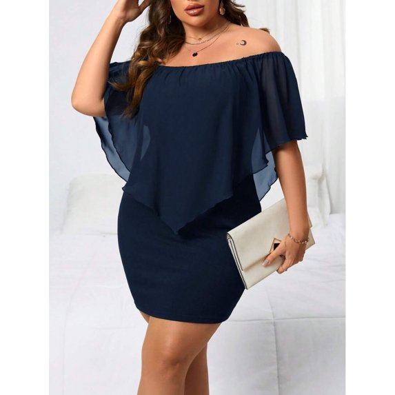 Navy Blue Plus Size Off-Shoulder Fitted Mini Dress With Sheer Flounce Overlay