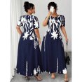 thumbnail image 1 of Navy Blue Plus Size Women A-Line Waist-Cinched Midi Dress With Bold White Floral Print, 1 of 8