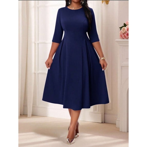 Navy Blue Plus Size Womens Fit & Flare Midi Dress With 3/4 Sleeve And Round Neck
