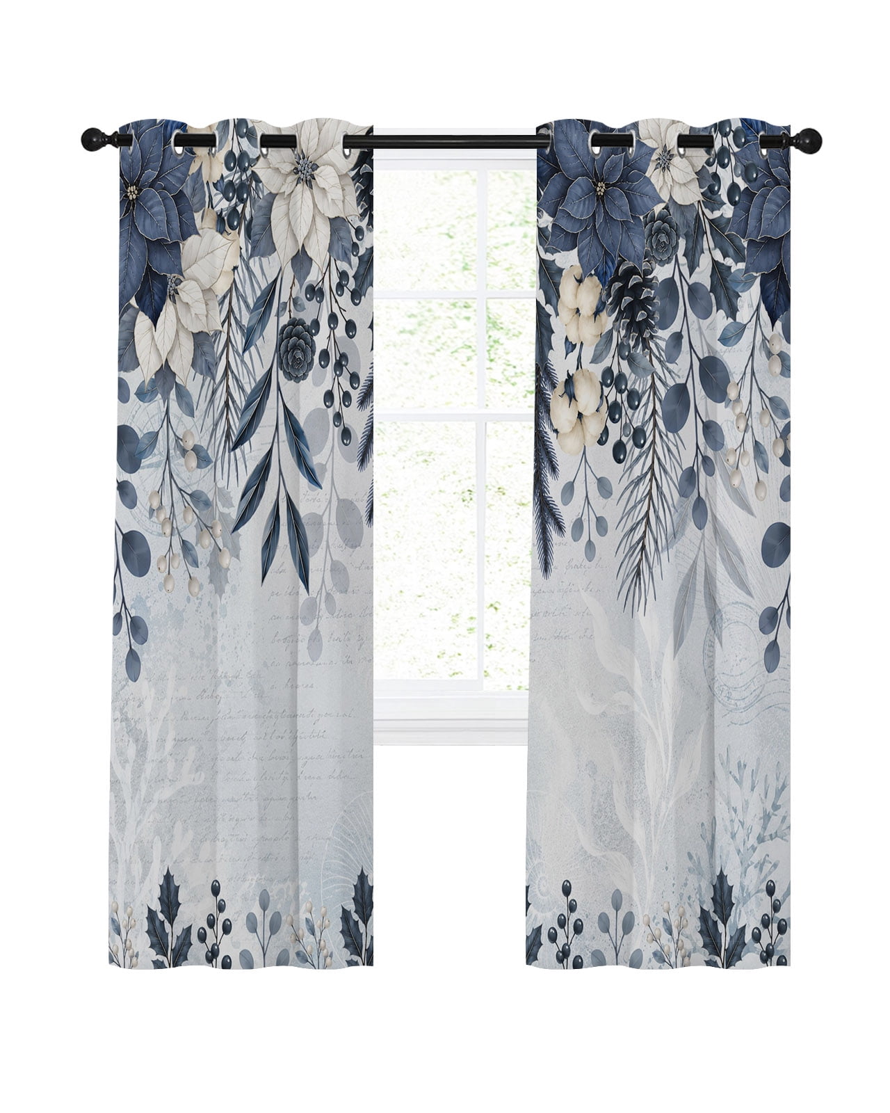 Navy Blue Poinsettia Christmas Blackout Curtains 84 Inches Length, Xmas
