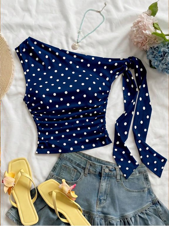 Navy Blue Polka Dot Ruched One Shoulder Tie-Front Crop Top For Women