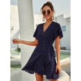 thumbnail image 1 of Navy Blue Polka Dot Side Wrap A-Line Short Dress With V-Neck And Flared Ruffle Sleeves For Women, 1 of 5