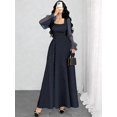 thumbnail image 1 of Navy Blue Polka Dot Square Neck Lantern Sleeve Maxi Dress for Women, Summer Elegant Long Dress with Cinched Waist, 1 of 5