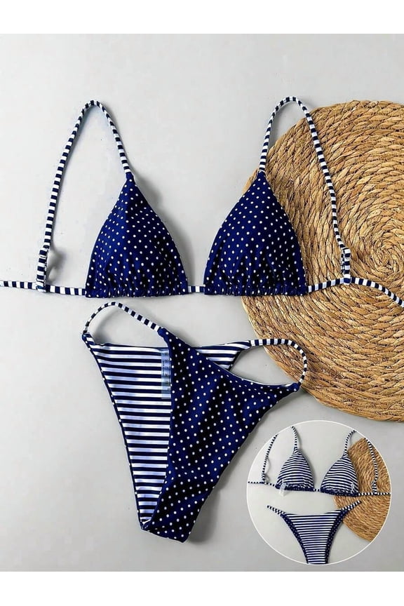 Navy Blue Polka Dot & Striped Reversible Triangle Bikini Two-Piece Set For Women