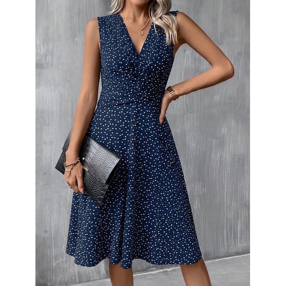 Navy Blue Polka Dot V-Neck Sleeveless A-Line Midi Dress For Women