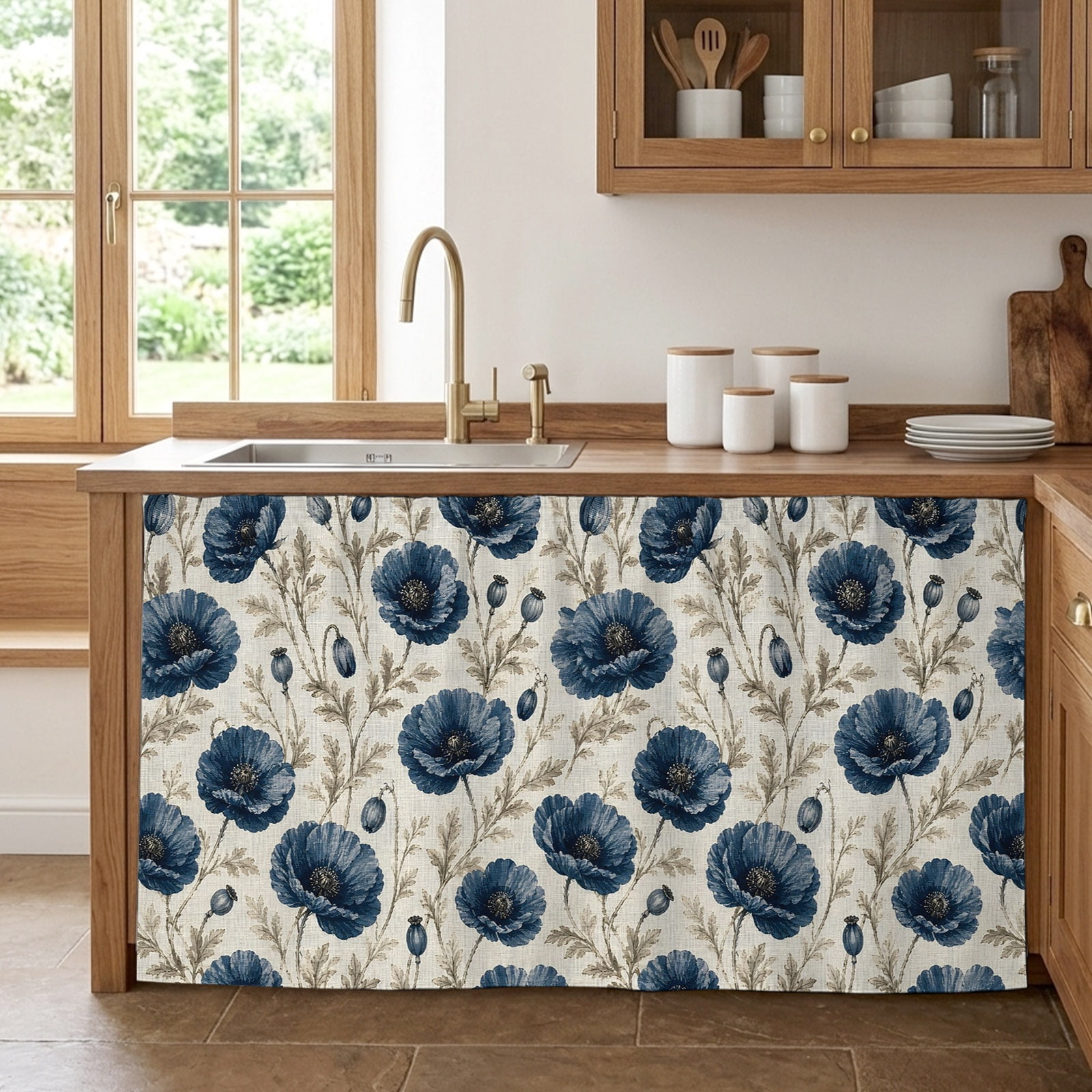 Navy Blue Poppy Floral Cabinet Curtains 28