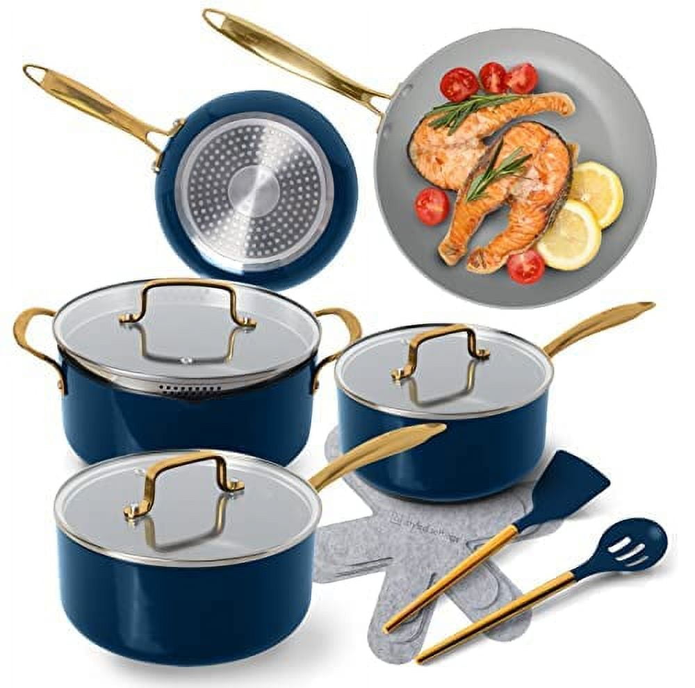 Navy Blue Pots and Pans Set Nonstick - 15 Piece Luxe Gold Pots and Pans Set  - Induction Compatible, 100% PFOA Free Nonstick Frying Pans, Sauce Pans, Pot  with Strainer Lid Gold