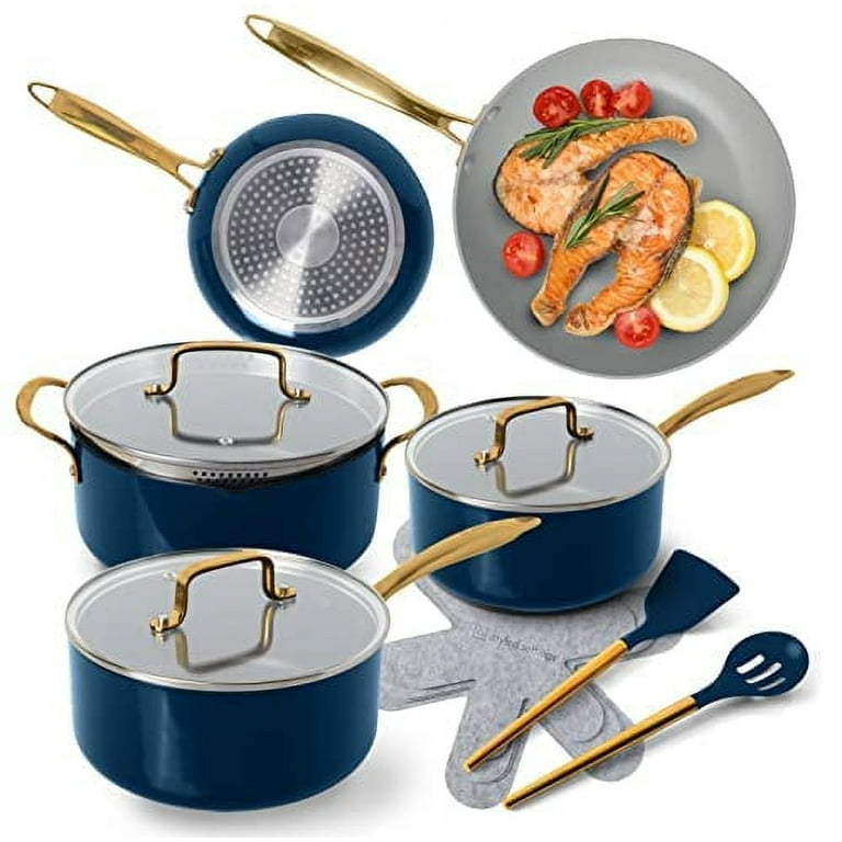 Navy Blue Pots and Pans Set Nonstick - 15 Piece Luxe Gold Pots and Pans Set  - Induction Compatible, 100% PFOA Free Nonstick Frying Pans, Sauce Pans, Pot  with Strainer Lid Gold