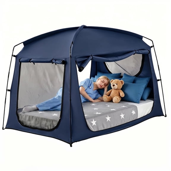 Navy Blue Privacy Blackout Queen Size Bed Tent Canopy for Adults Kids,Indoor Sleep Autism Tents with Mesh Windows