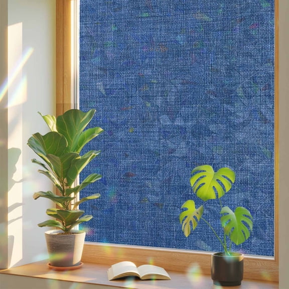 Navy Blue Privacy Window Film, Decorative Stained Glass Window Film, Vintage Country Monochrome Farmhouse Resuable Rainbow Static Cling for Home Bathroom Living Room Glass Door 17.7"x39.3"