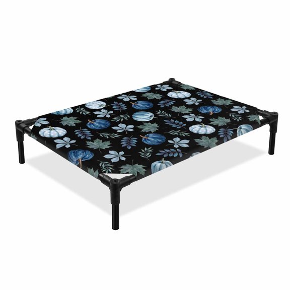 Navy Blue Pumpinks Elevated Dog Bed, Fall Rustic Green Pumpink Maple Leaf Boho Black Cooling Breathable Outdoor Raised Dog Cot Bed with Metal Frame Non-Slip Feet for Large Dog 28x22in
