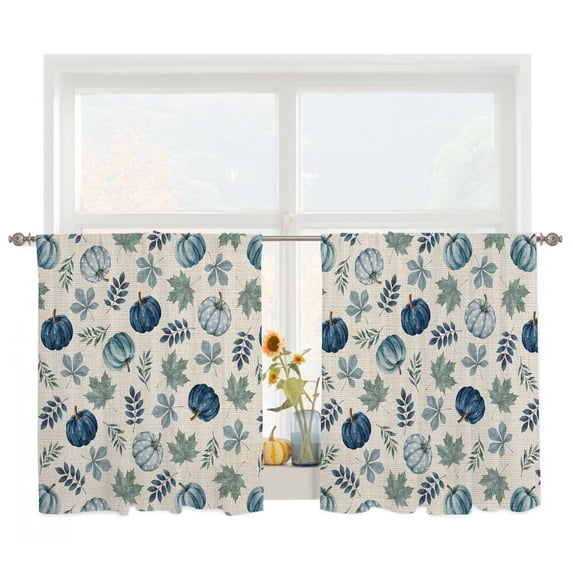 Navy Blue Pumpinks Sheer Curtains for Living Room Bedroom, Rustic Green Pumpink Maple Leaf Linen Texture Light Filtering Sheer Curtain Rod Pocket Voile Window Treaments Drapes, 52 x 45 Inches