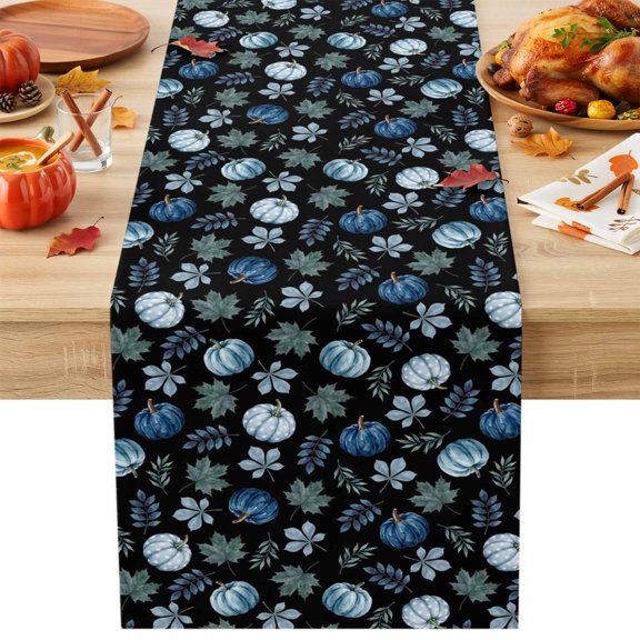 Navy Blue Pumpinks Table Runner, Fall Rustic Green Pumpink Maple Leaf Boho Black Cotton Linen Kitchen Table Decoration Washable Dining Tabletop Runners for Home Party Decor 13x36 Inches