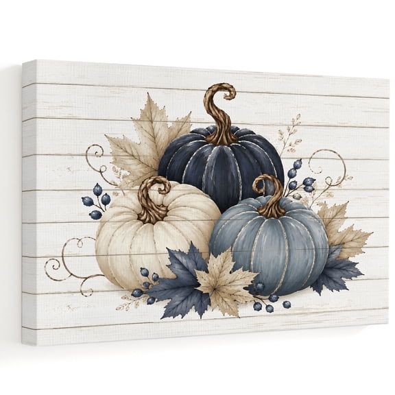 Navy Blue Pumpkin Canvas Wall Art, Watercolor Pumpkin Maple Leaves Wood Grain Wall Art Prints Artwork Framed Canvas Ready to Hang Art Pictures for Bathroom, Dressing Table, Entryway 12" x 8"