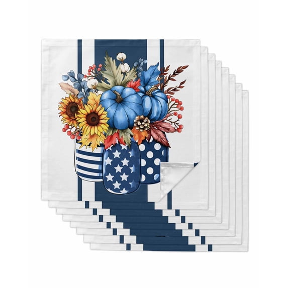 Navy Blue Pumpkin Cloth Napkins Set of 8 Reusable Dinner Napkins, Fall Thanksgiving Sunflower Floral Striped Cocktail Napkin Washable Table Napkins for Wedding/Holiday Party/Baby Shower 20"x20"