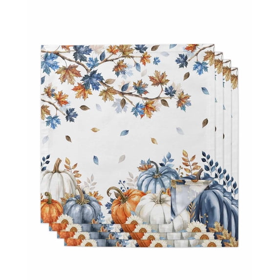 Navy Blue Pumpkin Fall Cloth Napkins Set of 4 Reusable Dinner Napkins, Thanksgiving Maple Leaves Branches Cocktail Napkin Washable Table Napkins for Wedding/Holiday Party/Baby Shower 20"x20"
