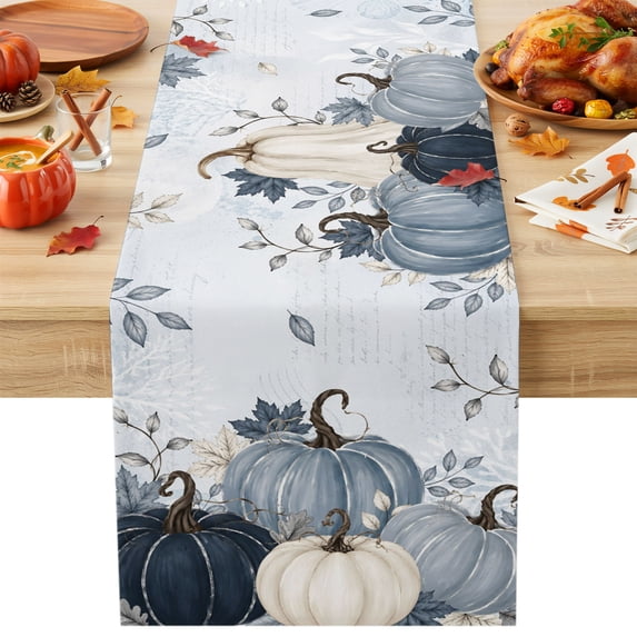 Navy Blue Pumpkin Fall Cotton Linen Rectangle Table Runners 13"x36", Thanksgiving Ombre Maple Leaf Harvest Coffee Table Runner Dresser Scarves Table Runners for Wedding Party Banquet Dinner Decor