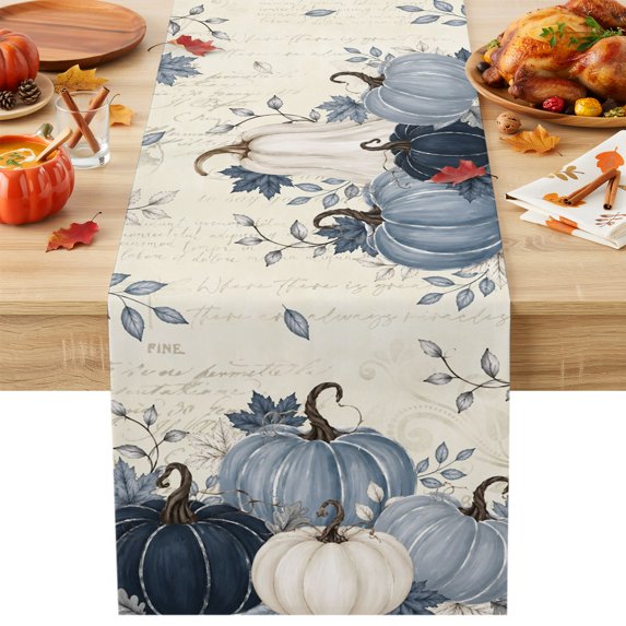 Navy Blue Pumpkin Fall Cotton Linen Rectangle Table Runners 13"x48", Thanksgiving Botanical Maple Leaf Coffee Table Runner Dresser Scarves Luxury Table Runners for Wedding Party Banquet Dinner Decor