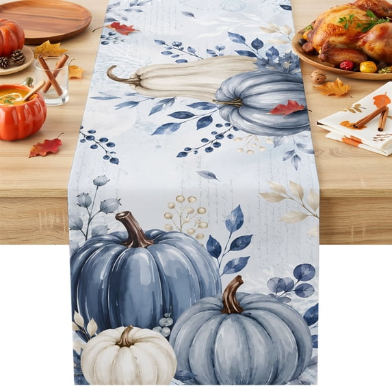 Navy Blue Pumpkin Fall Cotton Linen Rectangle Table Runners 13"x48", Thanksgiving Weeping Coastal Autumn Coffee Table Runner Dresser Scarves Table Runners for Wedding Party Banquet Dinner Decor