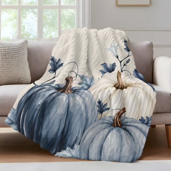 Navy Blue Pumpkin Fall Fleece Throw Blanket for Couch, Thanksgiving Botanical Rustic Vintage Microfiber Flannel Blanket for All Season, Lightweight Soft Throw Blankets for Baby, Kids, Pets, 30"x40"