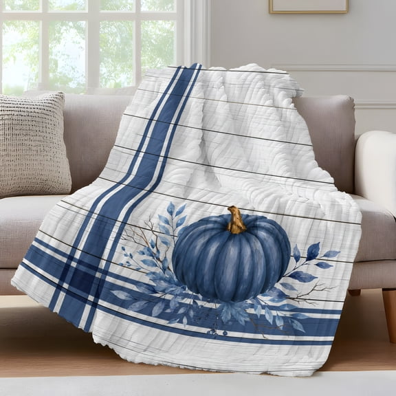 Navy Blue Pumpkin Fall Fleece Throw Blanket for Couch, Thanksgiving Botanical Wooden Stripes Microfiber Flannel Blanket for All Season, Lightweight Soft Throw Blankets for Baby, Kids, Pets, 30"x40"