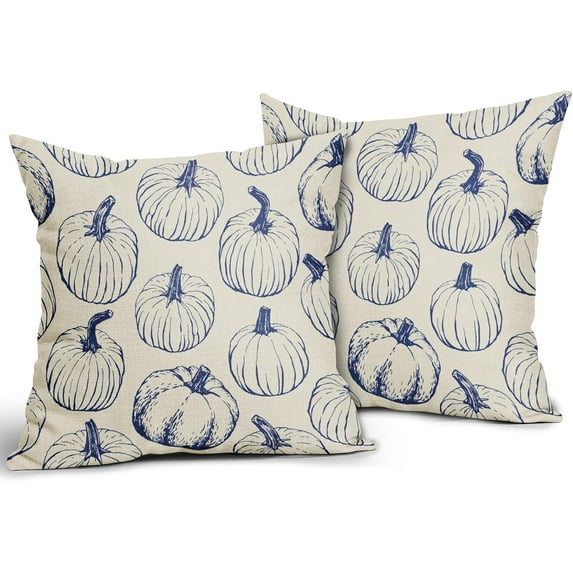 Navy Blue Pumpkin Fall Pillow Covers 18x18 Set of 2 Autumn Themed Thanksgiving Harvest Print Decorative Throw Pillows Outdoor Farmhouse Pillowcases Cushion Case Seasonal Decor for Couch Sofa Bed