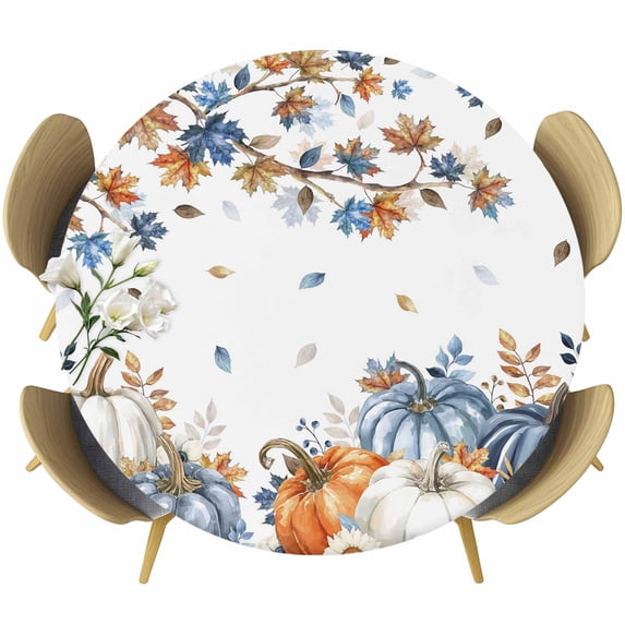 Navy Blue Pumpkin Fall Round Tablecloth, Fitted Table Cover with Elastic for 36"-44" Round Tables, Thanksgiving Maple Leaves Branches Table Cloth Outdoor Indoor Dinning Party Waterproof Tablecloths