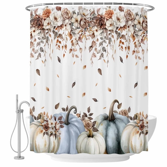 Navy Blue Pumpkin Fall Shower Curtain, Waterproof Shower Curtains for Bathroom, Thanksgiving Leaves Floral Pastoral Washable Fabric Bathtub Curtain Set Bath Decor with 12 Hooks Extra Long 72"x96"