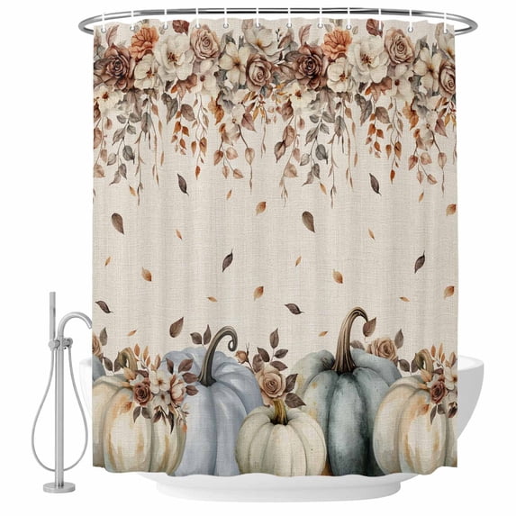 Navy Blue Pumpkin Fall Shower Curtain, Waterproof Shower Curtains for Bathroom, Thanksgiving Leaves Floral Rustic Washable Fabric Bathtub Curtain Set Bath Decor with 12 Hooks Long 72"x84"