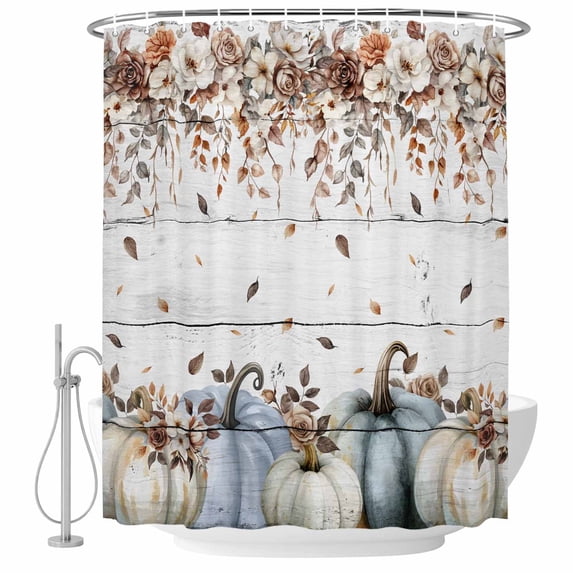 Navy Blue Pumpkin Fall Shower Curtain, Waterproof Shower Curtains for Bathroom, Thanksgiving Leaves Floral Wooden Washable Fabric Bathtub Curtain Set Bath Decor with 12 Hooks 48"x72"