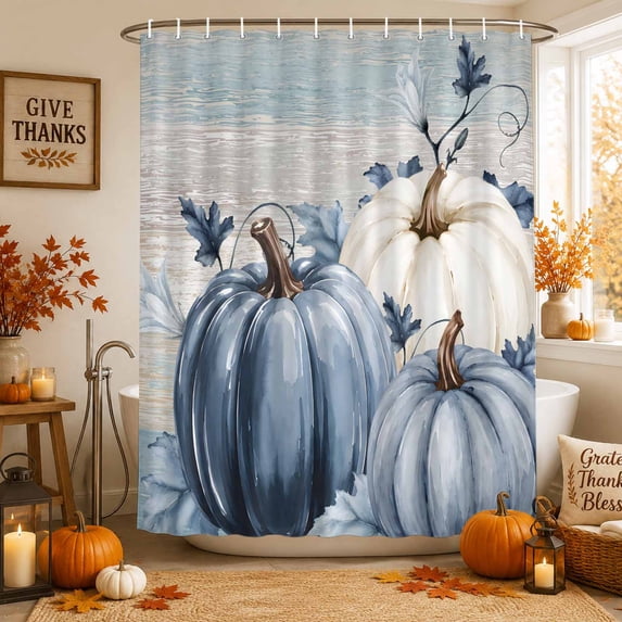 Navy Blue Pumpkin Fall Shower Curtains for Bathroom, Thanksgiving Botanical Wooden Leaves Waterproof Fabric Shower Curtain, Decorative Bathroom Curtain for Bathtub, 36"x72", No Hooks Included