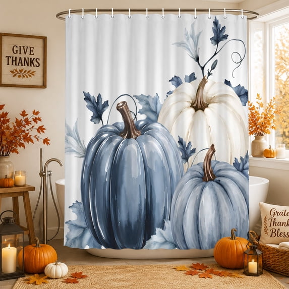 Navy Blue Pumpkin Fall Shower Curtains for Bathroom, Thanksgiving Leaves Pastoral Waterproof Fabric Shower Curtain, Decorative Bathroom Curtain for Bathtub, 72"x72", No Hooks Included