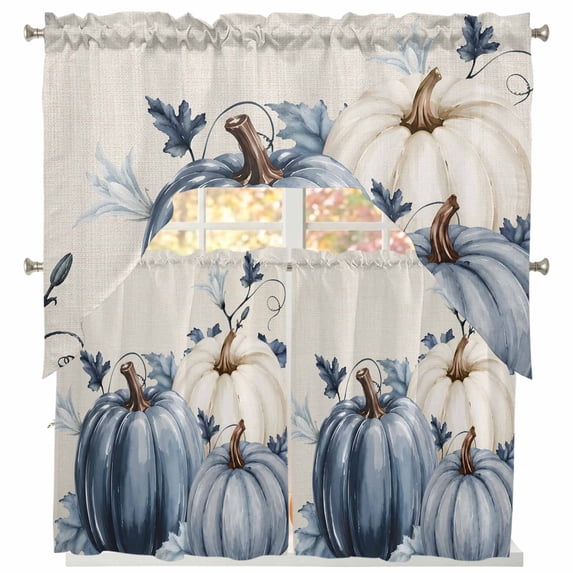 Navy Blue Pumpkin Fall Swag Curtains for Living Room/Bedroom Windows, Thanksgiving Botanical Rustic Vintage Kitchen Curtains and Valances Set 36 Inch Length, Swags Valance Curtain Panels