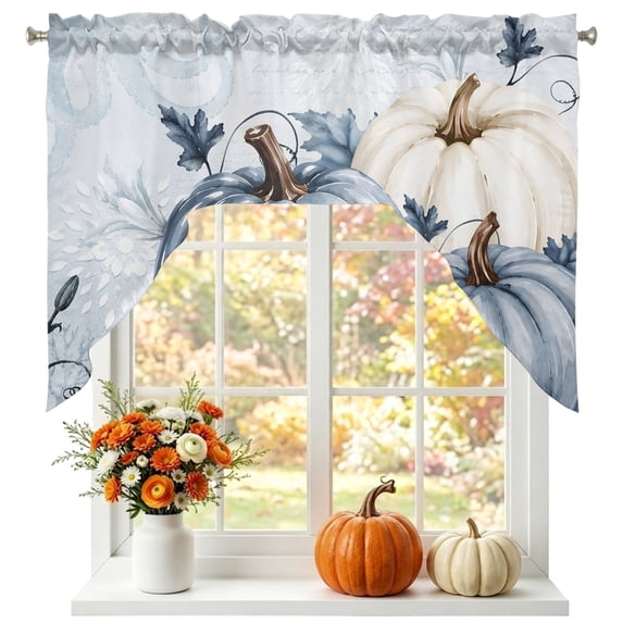 Navy Blue Pumpkin Fall Swag Valances for Windows, Small Curtains Drapes, Thanksgiving Botanical Pastoral Kitchen Window Curtains Over Sink Window Treatment Valance for Bedroom/Bathroom 56"x36"