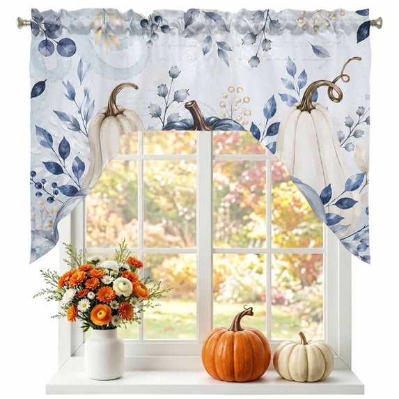 Navy Blue Pumpkin Fall Swag Valances for Windows, Small Curtains Drapes, Thanksgiving Weeping Coastal Autumn Kitchen Window Curtains Over Sink Window Treatment Valance for Bedroom/Bathroom 56"x36"