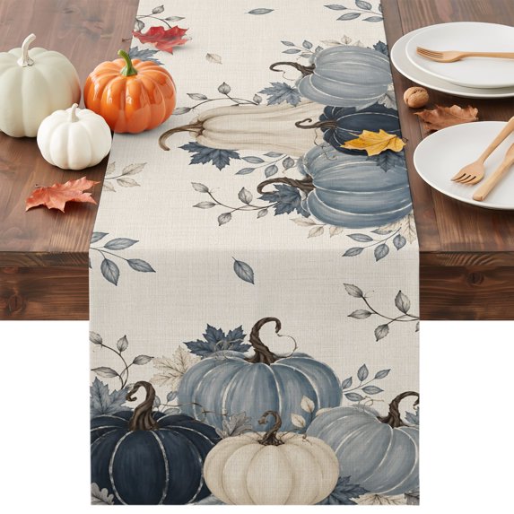 Navy Blue Pumpkin Fall Table Runner - 60 Inch Long Rustic Autumn Harvest Thanksgiving Cotton and Linen Blended Dress Scarves Farmhouse Table Runner for Kitchen Dining, Coffee Table, 13" x 60"