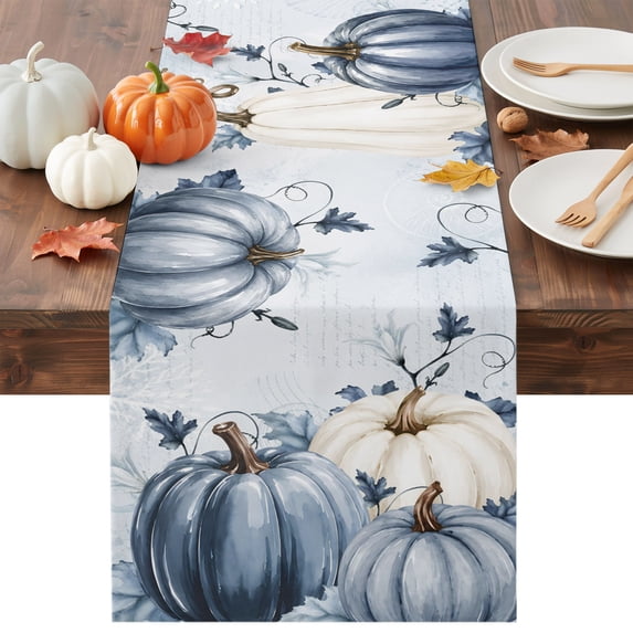 Navy Blue Pumpkin Fall Table Runner - 70 Inch Long Thanksgiving Botanical Pastoral Cotton and Linen Blended Dress Scarves Farmhouse Table Runner for Kitchen Dining, Coffee Table, 13" x 70"