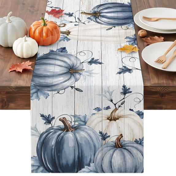 Navy Blue Pumpkin Fall Table Runner - 70 Inch Long Thanksgiving Botanical Wooden Cotton and Linen Blended Dress Scarves Farmhouse Table Runner for Kitchen Dining, Coffee Table, 13" x 70"