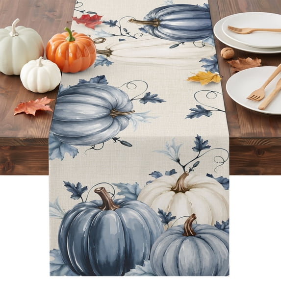 Navy Blue Pumpkin Fall Table Runner - 72 Inch Long Thanksgiving Botanical Rustic Vintage Cotton and Linen Blended Dress Scarves Farmhouse Table Runner for Kitchen Dining, Coffee Table, 13" x 72"