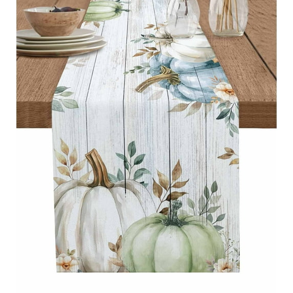 Navy Blue Pumpkin Fall Table Runner 72 Inches, Green Thanksgiving Botanical Leaves Wooden Bed Runner Dresser Scarves Tabletop for Indoor Outdoor Parties/Ceremony/Banquet, 16" x 72"
