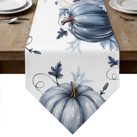 Navy Blue Pumpkin Fall Table Runner Linen Burlap Table Runner 90 Inches Long Thanksgiving Botanical Pastoral Leaves Dresser Scarves for Kitchen Island Coffee Dining Room Party Holiday Decor 13"x90"