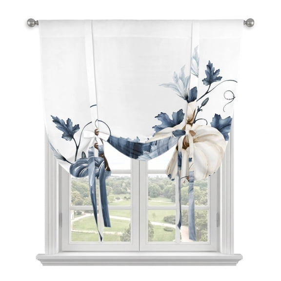 Navy Blue Pumpkin Fall Tie Up Curtains 45 Inches Long, Kitchen Window Curtains Over Sink, Thanksgiving Leaves Pastoral Small Window Curtains Shade Balloon Curtains Valances for Bedroom/Cafe 34"x45"