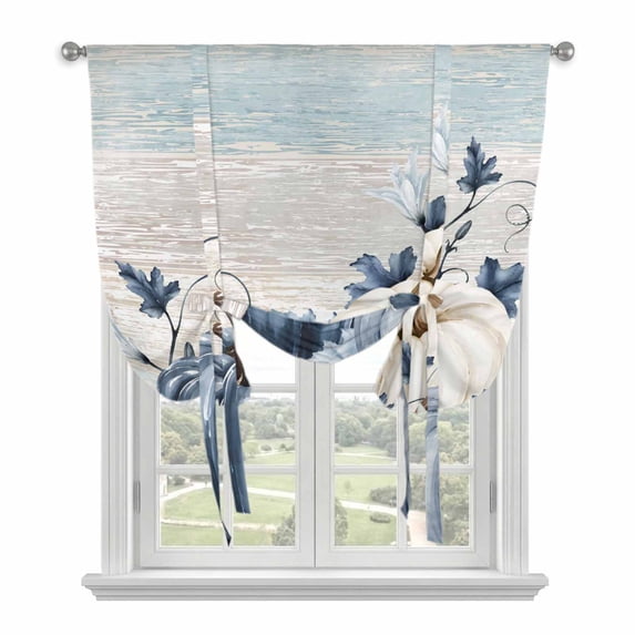 Navy Blue Pumpkin Fall Tie Up Curtains for Windows, Adjustable Balloon Window Shades, Thanksgiving Botanical Wooden Leaves Kitchen Window Treatments Farmhouse Short Curtains with Rod Pocket 42"x45"