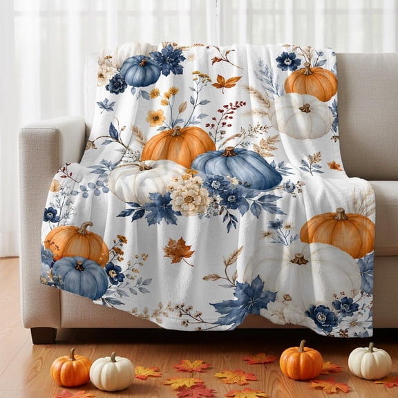 Navy Blue Pumpkin Fleece Blanket, Fall Red Floral Orange White Pumpkin Rustic Ultra Soft Warm Throw Blanket Lightweight Plush Bed Blanket, Autumn Home Decor Throws for Couch Bed Sofa, 30x40 inches
