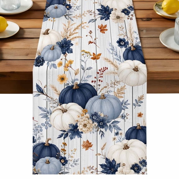 Navy Blue Pumpkin Table Runner, Thanksgiving White Pumpkin Flower Leaf Wood Grain Cotton Linen Kitchen Dining Table Runner Home Decor for Party Festival Holiday Decoration Gift 13x36in