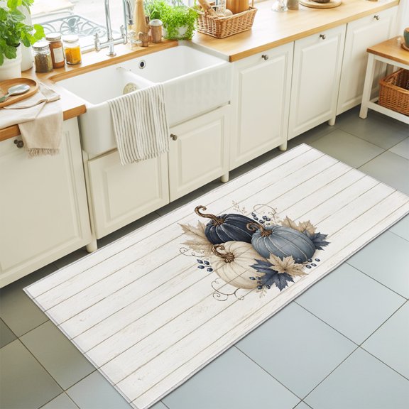 Navy Blue Pumpkin Washable Runner Rugs 2'x6', Watercolor Pumpkin Maple Leaves Wood Grain Washable Runner Rug Non-Slip Sturdy Edge Binding Carpet for Bedside Hallway Runner Kitchen Galley