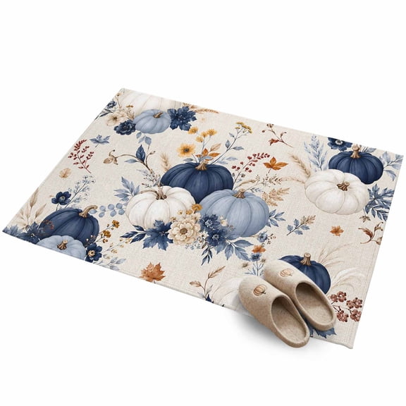 Navy Blue Pumpkins 2'x3' Small Rugs for Entryway Front Door Kitchen Sink Area, Thanksgiving White Pumpkin Fall Floral Leaf Soft Sturdy Mats Washable Non Slip Rectangle Area Rug
