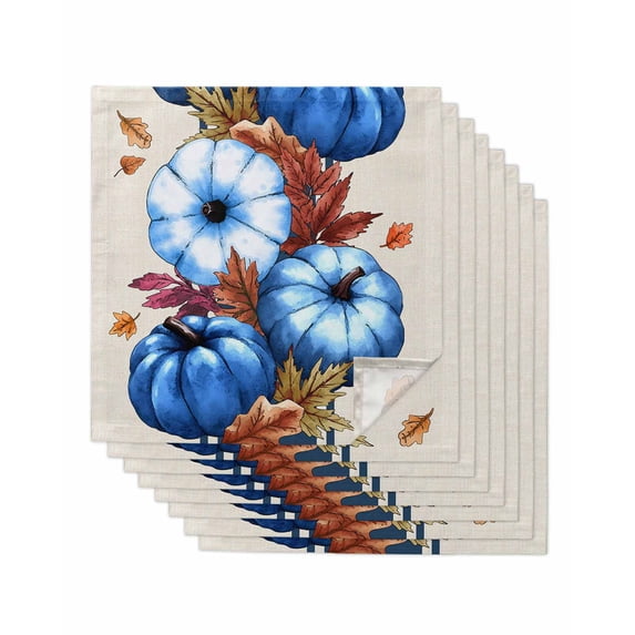 Navy Blue Pumpkins Fall Cloth Napkins Set of 8 Reusable Dinner Napkins, Thanksgiving Botanical Beige Cocktail Napkin Washable Table Napkins for Wedding/Holiday Party/Baby Shower 20"x20"
