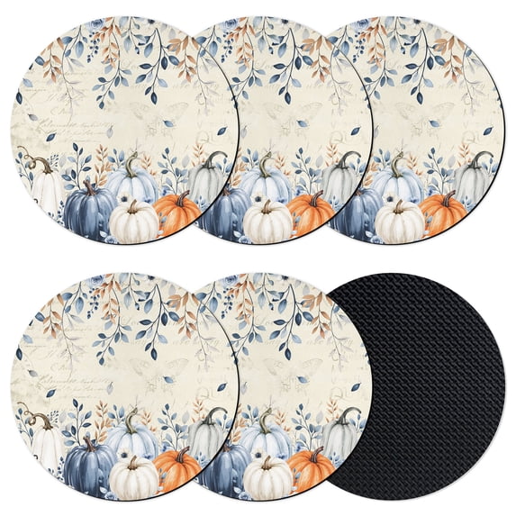 Navy Blue Pumpkins Fall Coasters Set of 6, Absorbent Coasters for Drinks, Thanksgiving Eucalyptus Leaves Weeping Coaster for Desk Coffee Table Protection, Home Decor House Warming Gifts 4"