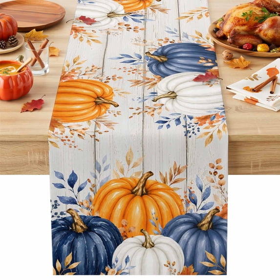 Navy Blue Pumpkins Fall Cotton Linen Rectangle Table Runners 13"x36", Thanksgiving Eucalyptus Wooden Coffee Table Runner Dresser Scarves Luxury Table Runners for Wedding Party Banquet Dinner Decor